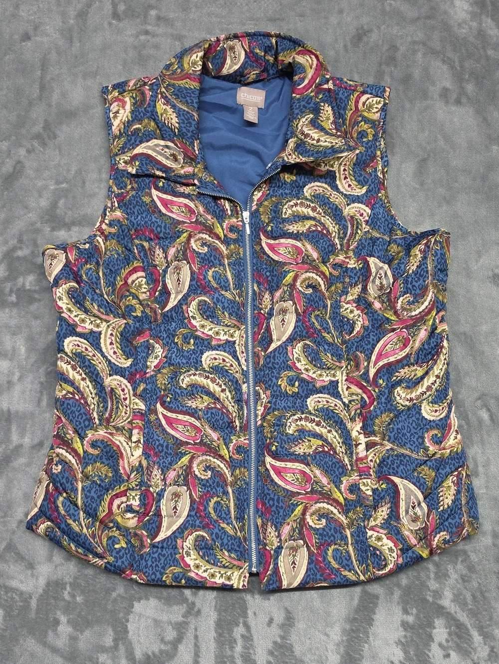 Chico's Blue Paisley Quilted Vest with Pink & Cream Accents